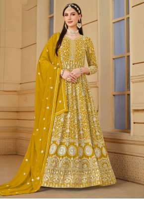Compelling Embroidered Mustard Faux Georgette Tren