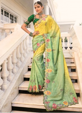 Compelling Green and Yellow Embroidered Traditional Saree