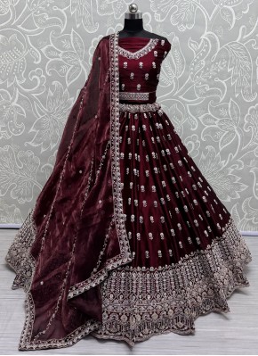 Compelling Maroon Embroidered Lehenga Choli