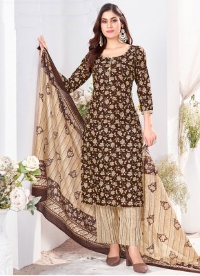 Compelling Printed Cotton Black and Brown Trendy Salwar Kameez