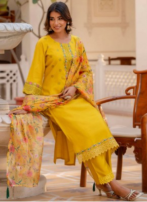 Competent Embroidered Yellow Silk Pant Style Suit