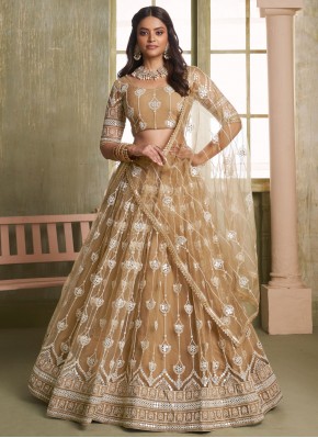 Competent Khaki Thread Net A Line Lehenga Choli