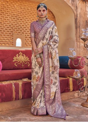 Competent Silk Foil Print Cream Designer Saree