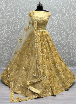 Conspicuous Embroidered Yellow Net A Line Lehenga 