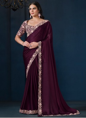 Conspicuous Wine Satin Traditional Saree