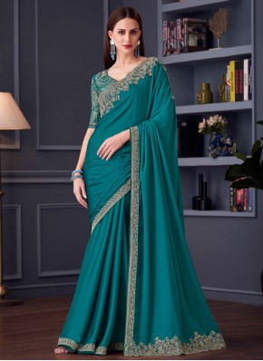 Contemporary Saree Embroidered Silk in Turquoise