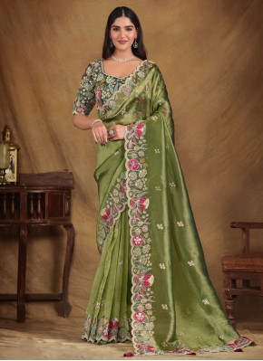 Contemporary Saree Moti Glass Tissue in Green