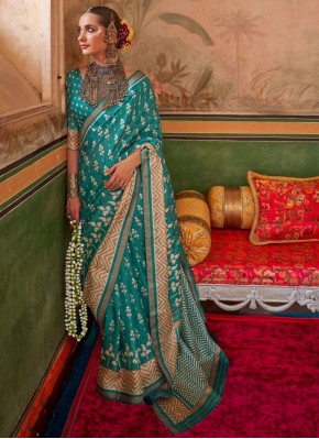 Contemporary Saree Print Silk in Firozi