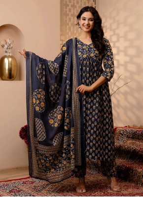 Cotton Digital Print Trendy Salwar Suit in Navy Blue