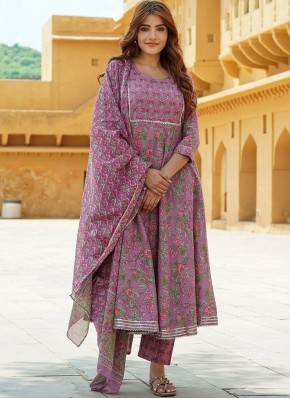 Cotton Floral Print Readymade Salwar Kameez in Mauve