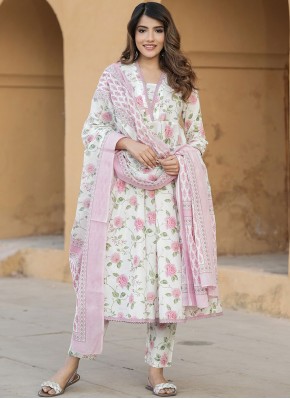 Cotton Floral Print Readymade Suit in Off White