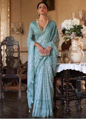 Cotton Printed Contemporary Style Saree in Turquoise