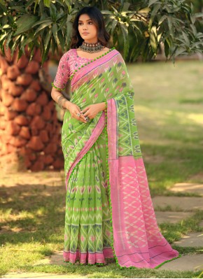 Cotton Printed Trendy Saree in Pink and Sea Green