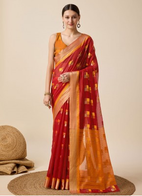 Cotton Silk Red Weaving Classic Saree