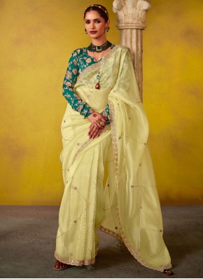 Cream and Green Zari Ceremonial Contemporary Saree