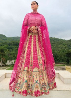 Cream and Rani Silk Lehenga Choli