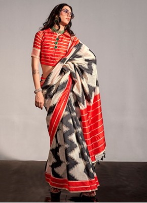 Cream Woven Silk Contemporary Saree