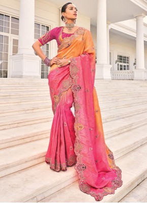 Crepe Jacquard Embroidered Trendy Saree in Rani