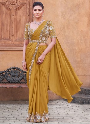 Crepe Silk Mustard Thread Designer Saree