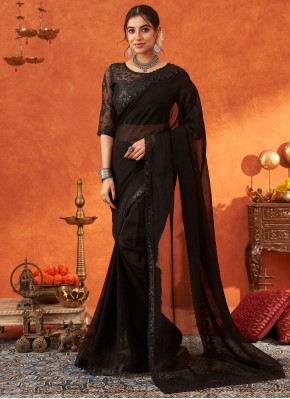 Customary Black and Brown Embroidered Classic Saree