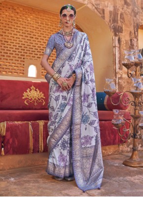 Customary Blue and Grey Silk Traditional Saree