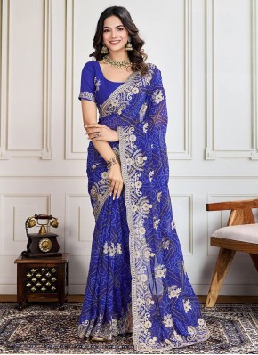 Customary Georgette Blue Embroidered Classic Saree