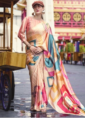 Customary Satin Abstract Print Cream Contemporary Saree