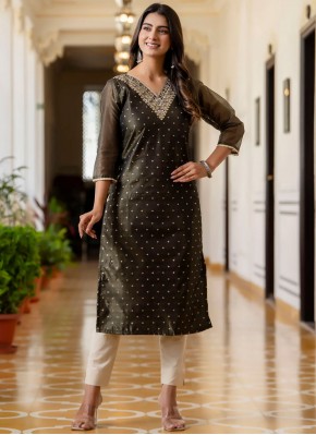 Cute Black Zari Silk Blend Casual Kurti