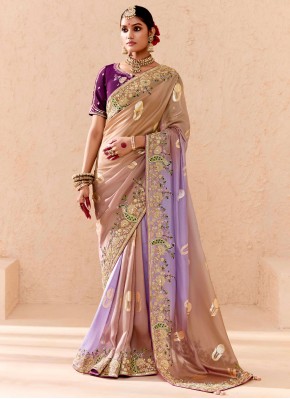 Dainty Silk Beige and Lavender Traditional Saree