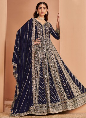 Dashing Embroidered Navy Blue Faux Georgette Designer Salwar Kameez