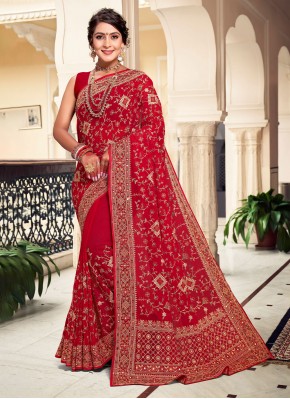Dazzling Embroidered Red Georgette Contemporary Sa