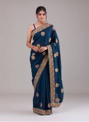 Dazzling Vichitra Silk Navy Blue Thread Work Classic Saree
