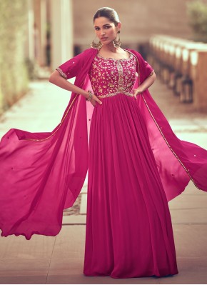 Delightful Embroidered Pink Silk Designer Gown