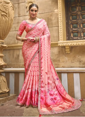 Deserving Foil Print Rose Pink Silk Contemporary Saree