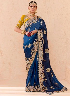 Deserving Stone Silk Navy Blue Trendy Saree