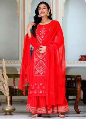 Designer Salwar Kameez Embroidered Silk in Red
