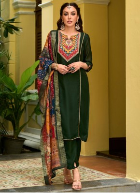 Designer Salwar Kameez Embroidered Vichitra Silk in Green