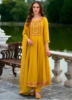 Designer Salwar Kameez Embroidered Vichitra Silk in Mustard