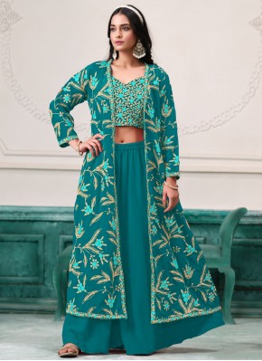 Designer Salwar Kameez Zari Faux Georgette in Firozi