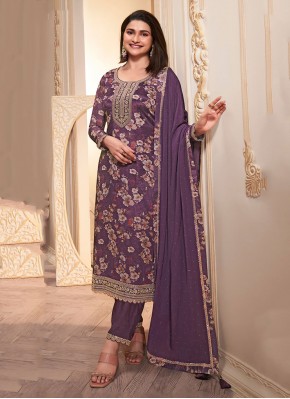 Designer Salwar Suit Embroidered Chinon in Purple