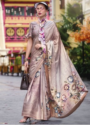 Designer Saree Abstract Print Satin in Grey and Lavender