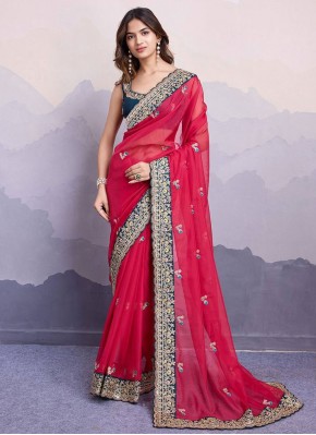 Designer Saree Embroidered Organza in Red