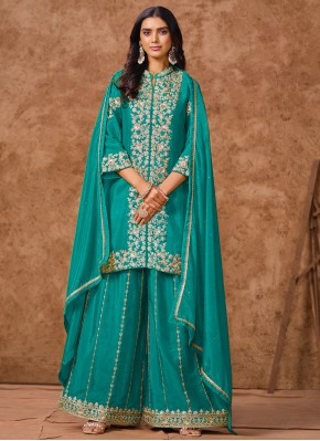 Desirable Embroidered Chinon Rama Designer Salwar Kameez