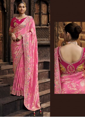 Desirable Weaving Pink and Rani Tissue Trendy Saree