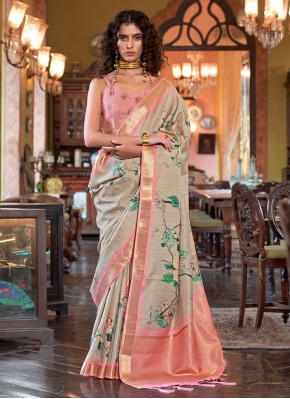 Digital Print Banarasi Silk Casual Saree in Beige and Peach