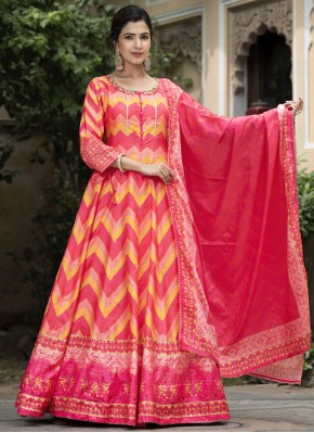 Digital Print Silk Designer Gown in Pink and Rani