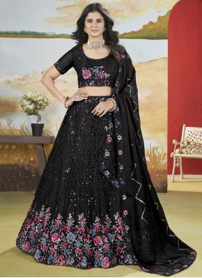 Dignified Chinon Black Floral Patterns A Line Lehenga Choli