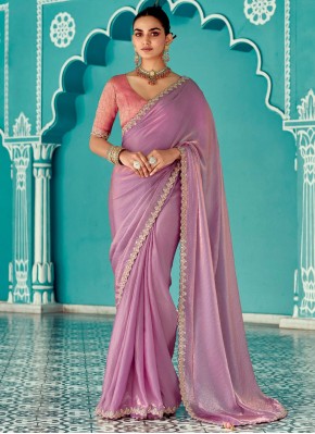 Dignified Crush Lavender and Pink Embroidered Traditional Saree