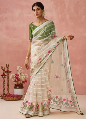 Dilettante White Print Brasso Contemporary Saree