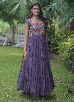 Distinctive Faux Georgette Embroidered Purple Designer Gown